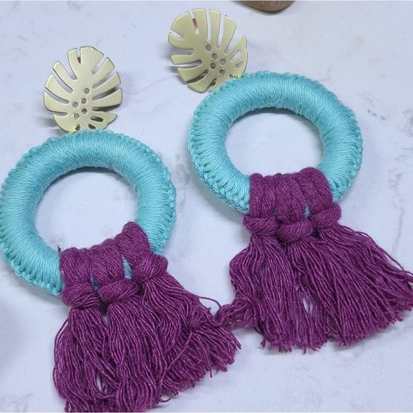 Handmade tassel hoops earrings macrame stainless steel new - Picture 6 of 9